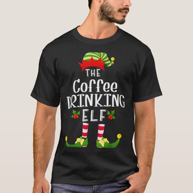 Coffee Drinking Christmas Elf Matching Pajama X-ma T-Shirt (Front)