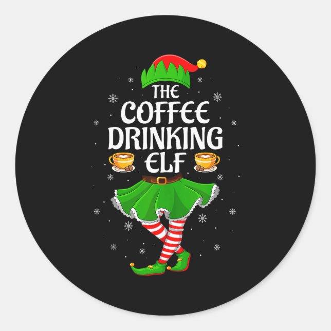 Coffee Drinking Elf Christmas Girls Women Elf Squa Classic Round Sticker (Front)