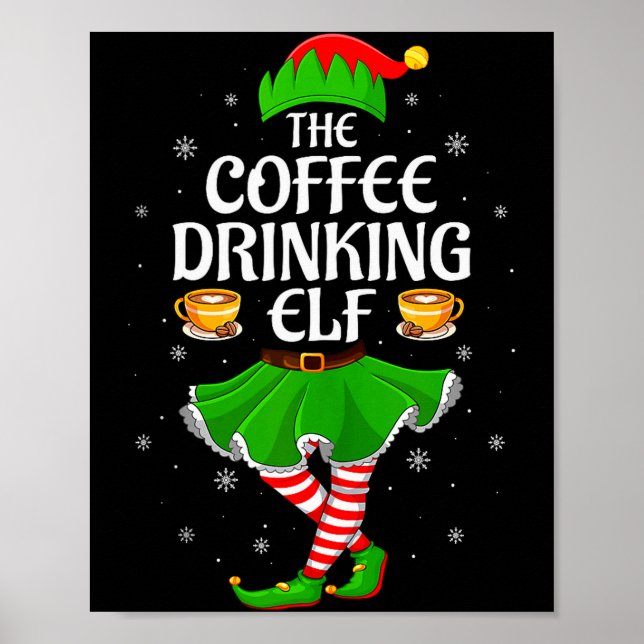 Coffee Drinking Elf Christmas Girls Women Elf Squa Poster (Front)
