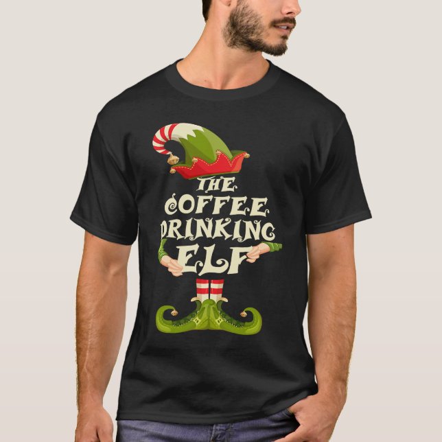 Coffee Drinking Elf Matching Family Group Christma T-Shirt (Front)