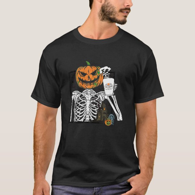 Coffee Drinking Pumpkin Head Skeleton Halloween Co T-Shirt (Front)