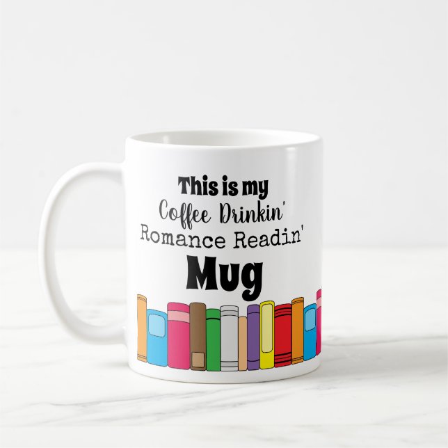 Coffee Drinking, Romance Reading Book Stack Mug (Left)