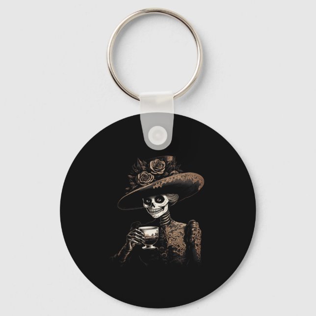 Coffee Drinking Skeleton Lazy Diy Halloween Costum Key Ring (Front)