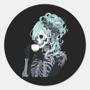 Coffee Drinking Skeleton Messy Bun Halloween Costu Classic Round Sticker