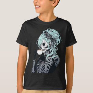 Coffee Drinking Skeleton Messy Bun Halloween Costu T-Shirt