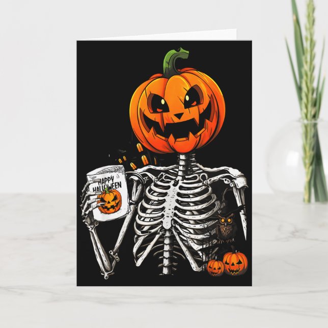 Coffee Drinking Skeleton Pumpkin Halloween Costume Card (Front)