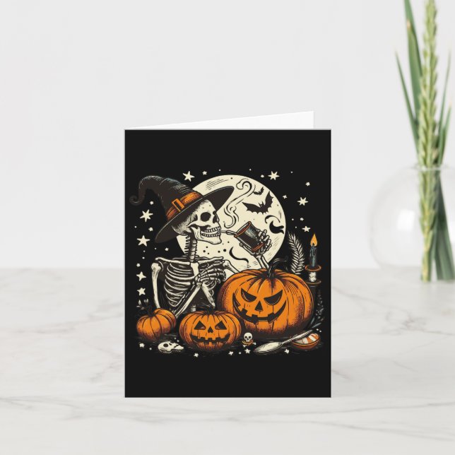 Coffee Drinking Skeleton Pumpkin Halloween Costume Card (Front)
