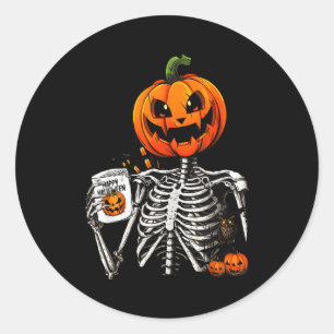 Coffee Drinking Skeleton Pumpkin Halloween Costume Classic Round Sticker