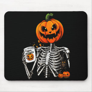 Coffee Drinking Skeleton Pumpkin Halloween Costume Mouse Mat