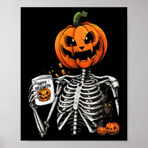 Coffee Drinking Skeleton Pumpkin Halloween Costume Poster