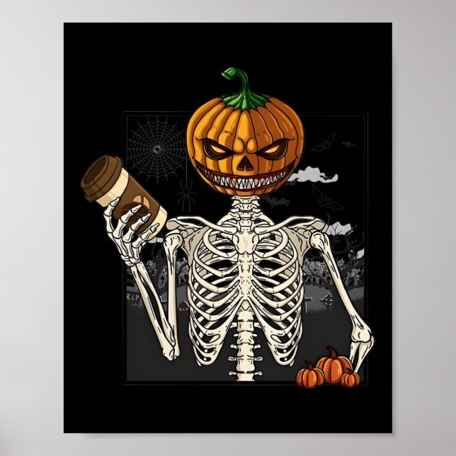Coffee Drinking Skeleton Pumpkin Halloween Costume Poster (Front)