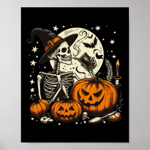Coffee Drinking Skeleton Pumpkin Halloween Costume Poster