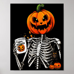 Coffee Drinking Skeleton Pumpkin Halloween Costume Poster