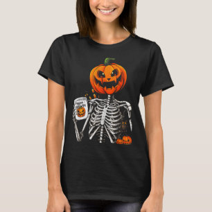 Coffee Drinking Skeleton Pumpkin Halloween Costume T-Shirt