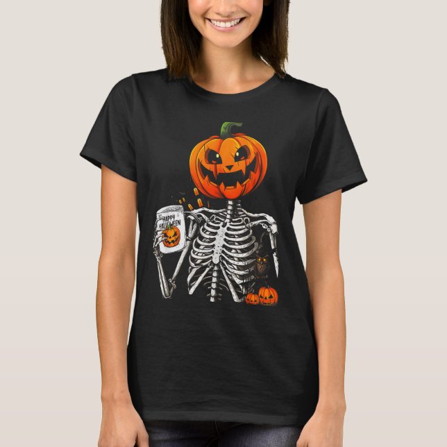 Coffee Drinking Skeleton Pumpkin Halloween Costume T-Shirt (Front)