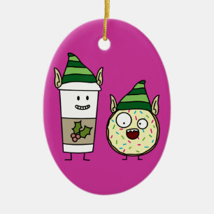 Coffee Elf  and Crazy Doughnut Elf Ceramic Tree Decoration