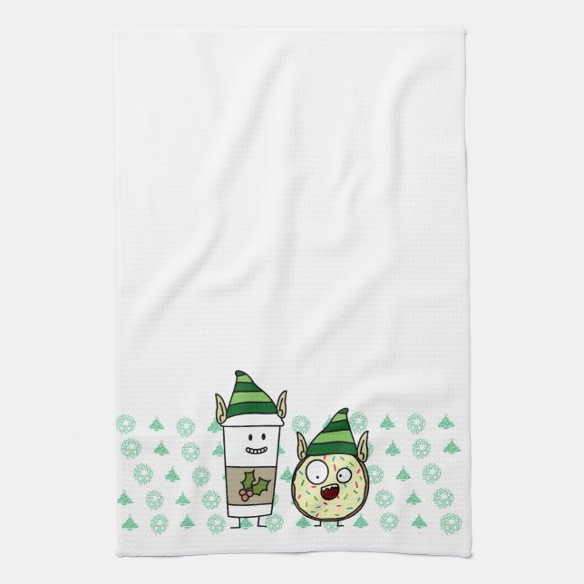 Coffee Elf  and Crazy Doughnut Elf Tea Towel (Vertical)