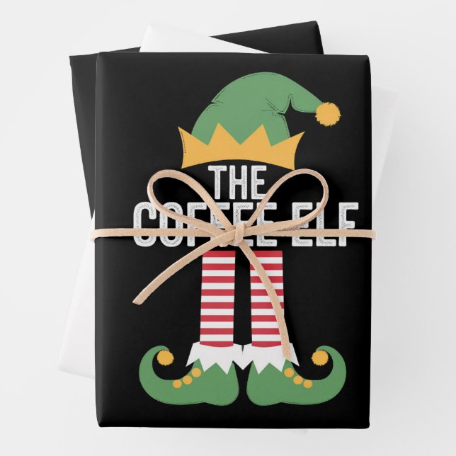 Coffee Elf Family Matching Group Christmas Wrapping Paper Sheet (In situ)