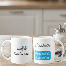 Coffee enthusiast custom name white and blue mug