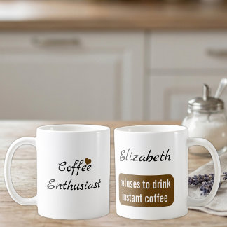 Coffee enthusiast custom name white and brown mug