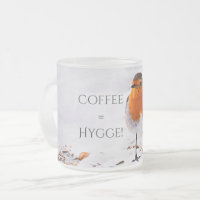 Coffee equals Hygge with a cute robin bird in snow
