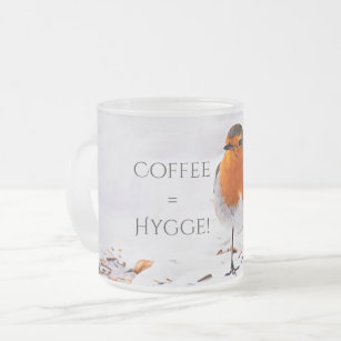 Coffee equals Hygge with a cute robin bird in snow Frosted Glass Coffee Mug
