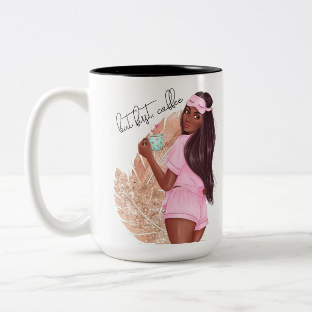 Coffee Faux Glitter Girl Hair Brown Pink   Two-Tone Coffee Mug (Left)