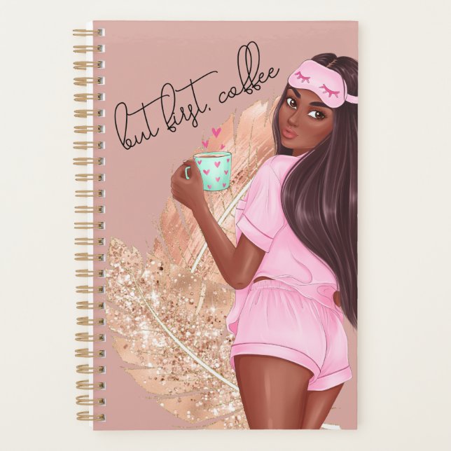 Coffee Faux Glitter Girl Hair Brown Rose Pink   Planner (Front)