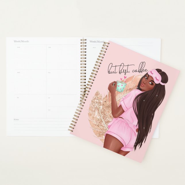 Coffee Faux Glitter Girl Hair Rose Gold Pink    Planner (Display)