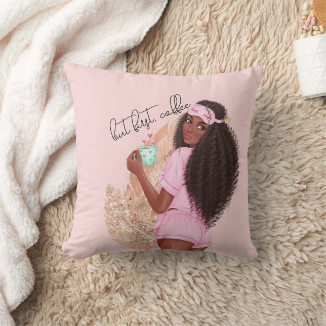 Coffee Faux Glitter Girl Hair Rose Pink    Cushion (Blanket)