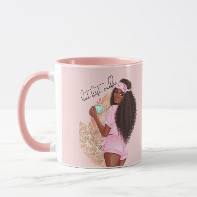 Coffee Faux Glitter Girl Hair Rose Pink   Mug (Left)