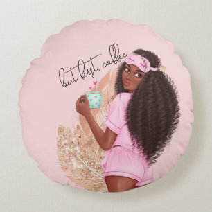 Coffee Faux Glitter Girl Hair Rose Pink     Round Cushion