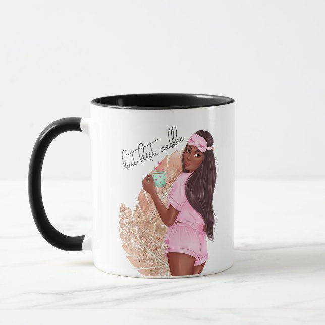 Coffee Faux Glitter Girl Red Hair Brown Pink   Mug (Left)