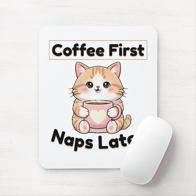 Coffee First Naps Later Cute Cat | Kawaii Coffee  Mouse Mat (With Mouse)