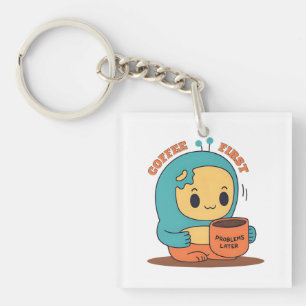 Coffee First… Problems Later – Cute Cartoon Design Key Ring