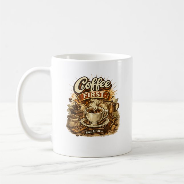 Coffee First Retro Vintage Coffee Lover Design Mug (Left)