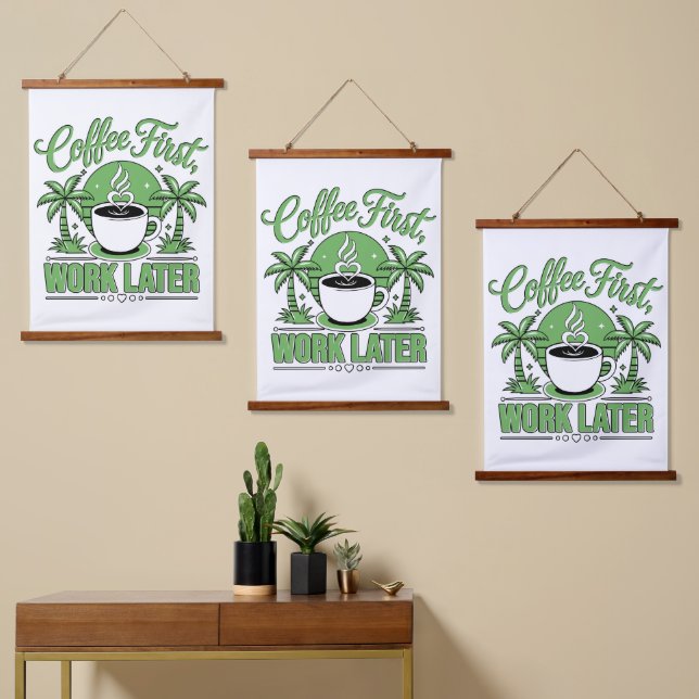 Coffee First Work Later. Powered by Caffeine Vibes Hanging Tapestry (Asymmetrical)