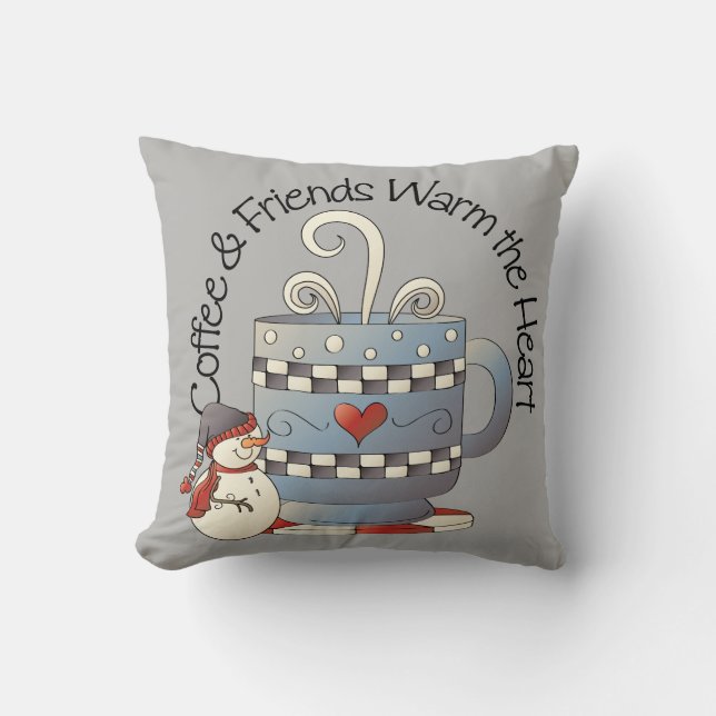Coffee & Friends Warm the Heart Snowman Winter  Cushion (Front)