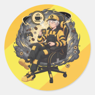 Coffee Gamer Anime Boy Yellow Aesthetic Art Classic Round Sticker