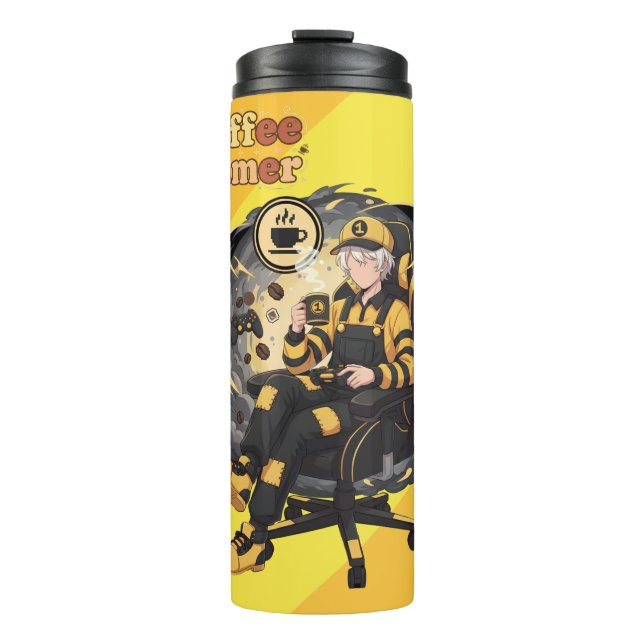 Coffee Gamer Anime Boy Yellow Aesthetic Art Thermal Tumbler (Front)
