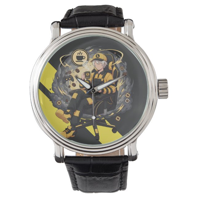 Coffee Gamer Anime Boy Yellow Aesthetic Art Watch (Front)