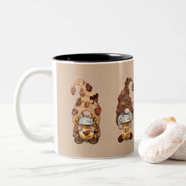 Coffee Gnomes Brown Tan Cute Trendy Woodland Two-Tone Coffee Mug (With Donut)