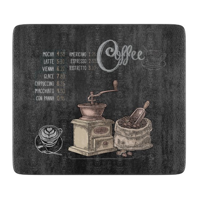 Coffee Grinder Chalkboard Art: Glass Cutting Board (Front)