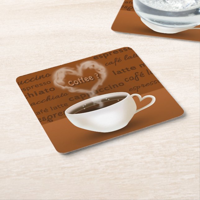 Coffee? Heart Shaped Smoke Square Paper Coaster (Angled)