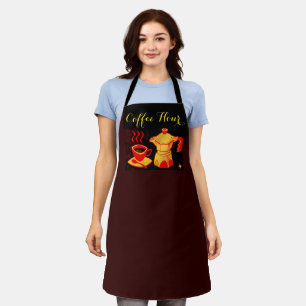 COFFEE HOUR Red Yellow Coffee Cup ,Coffeepot Brown Apron