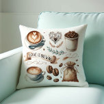 Coffee House Themed Throw Pillows<br><div class="desc">Add a cosy touch to your home or event with our coffee house themed throw pillow, featuring the charming phrase "Love is Brewing" alongside delightful illustrated coffee house art. Perfect for coffee lovers, this pillow brings warmth and style to any space. Whether used as a unique gift or as decor...</div>