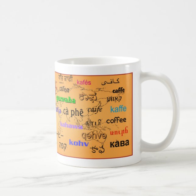 Coffee, in many languages, with map background coffee mug (Right)