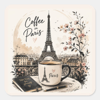 Coffee in Paris Eiffel Tower Mug Art – Elegant Fre Square Sticker