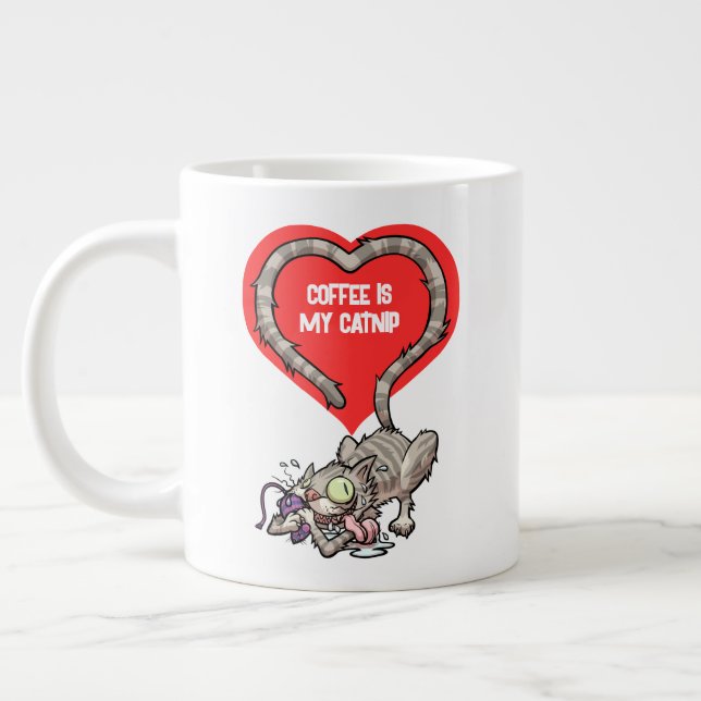 Coffee Is My Catnip Funny Obsessed Cat Cartoon Large Coffee Mug (Left)