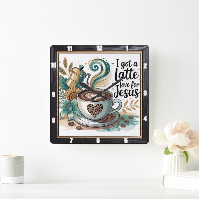 Coffee Jesus Faith Floral Square Wall Clock (Home)